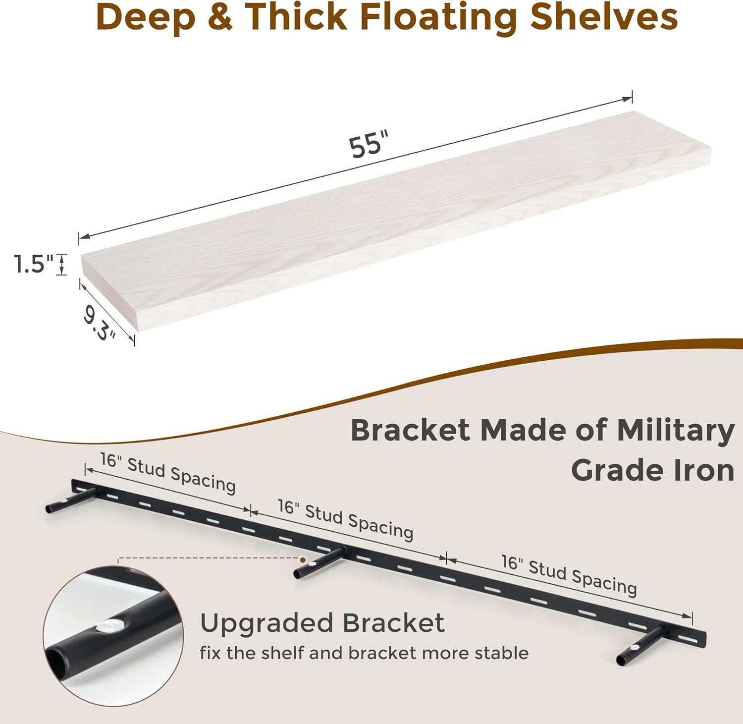 Floating Shelves 55 Inch Long, 55"W x 9"D Wall Shelf Invisible Bracket, 9 Inch Deep Floating Shelf