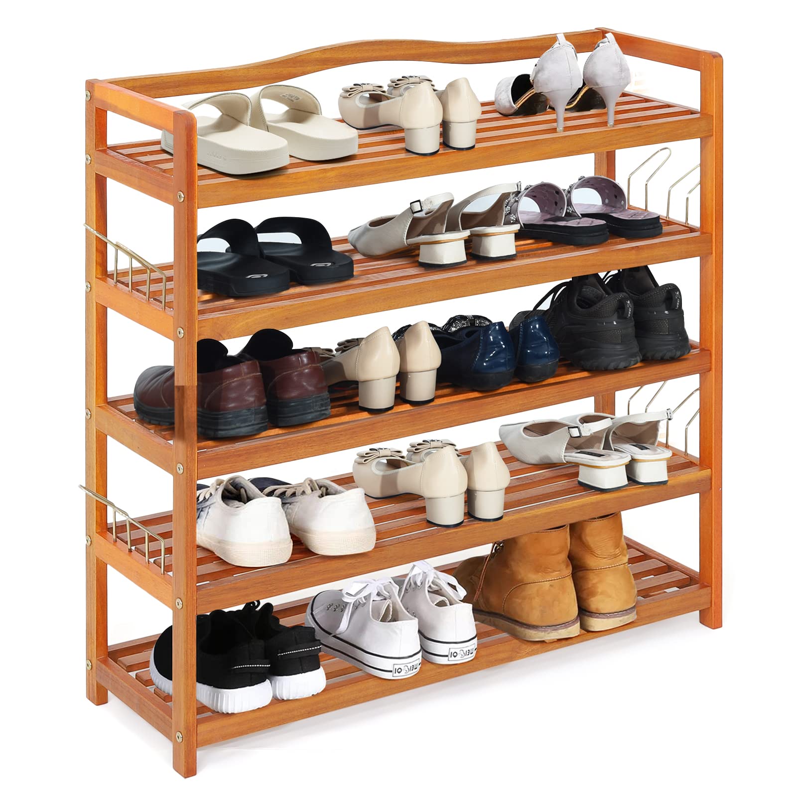Giantex 5-Tier Shoe Rack, Acacia Wood Shoe Shelf with Side Metal Hooks, Holds up 12-18 Pairs