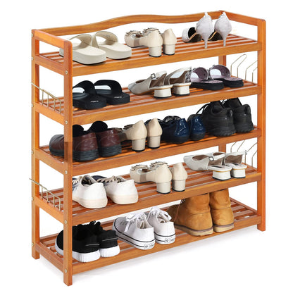Giantex 5-Tier Shoe Rack, Acacia Wood Shoe Shelf with Side Metal Hooks, Holds up 12-18 Pairs
