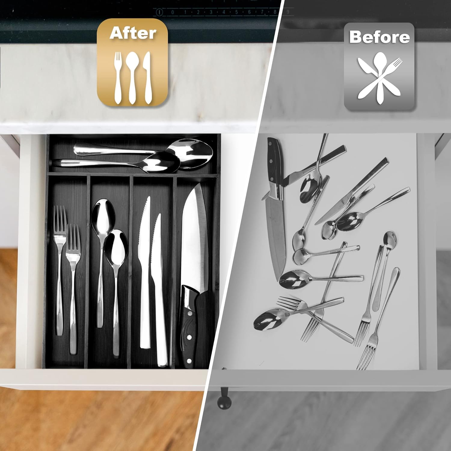 Bamboo Silverware Holder - Drawer Organizer with 5 Slots (Black)