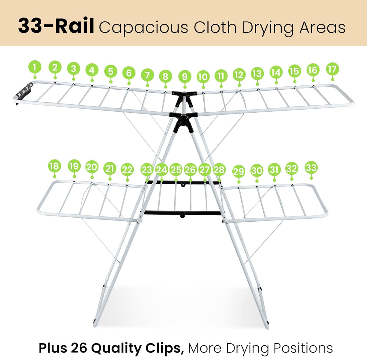 COSTWAY Clothes Drying Rack, Foldable 2-Level Laundry Drying Rack w/Height-Adjustable Wings, 33