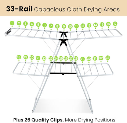 COSTWAY Clothes Drying Rack, Foldable 2-Level Laundry Drying Rack w/Height-Adjustable Wings, 33
