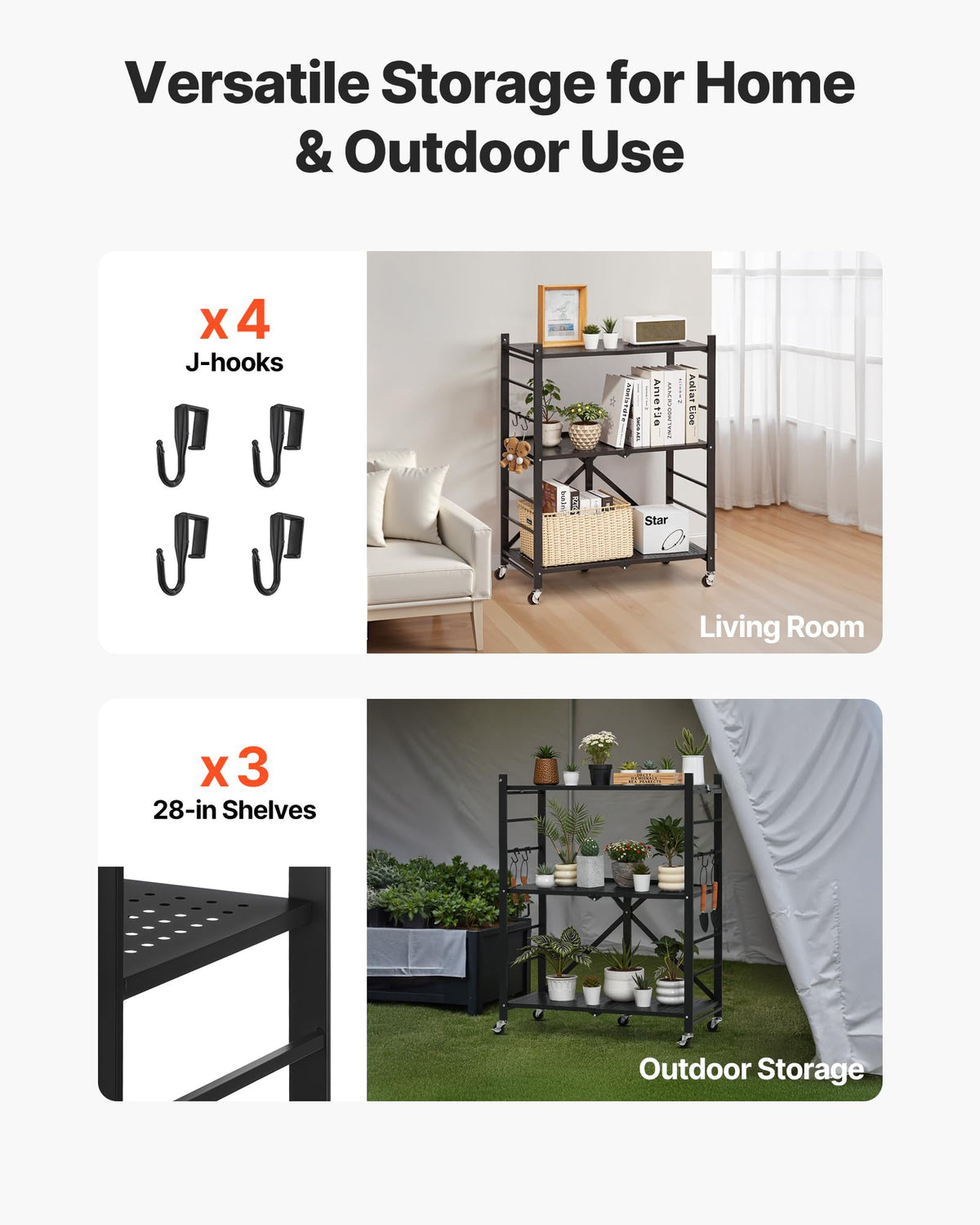 VEVOR 3-Tier Foldable Storage Shelf, 28W x 13D x 36H Inch Folding Metal Rack Shelving Unit, No