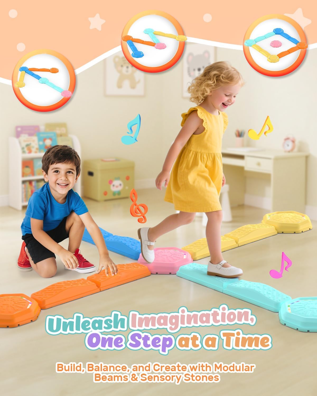Holyton Music Light Up Balance Beam and Toddler Stepping Stones 13 Pieces, Non-Slip Plastic Balance