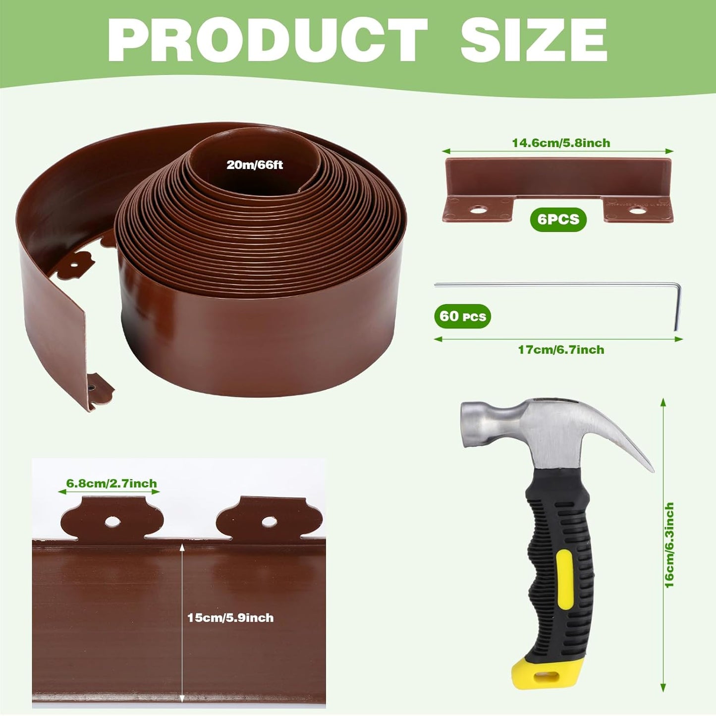 6 Inch Tall 66 ft Length No Dig Landscape Plastic Edging Kit with Hammer Spikes Plastic Garden