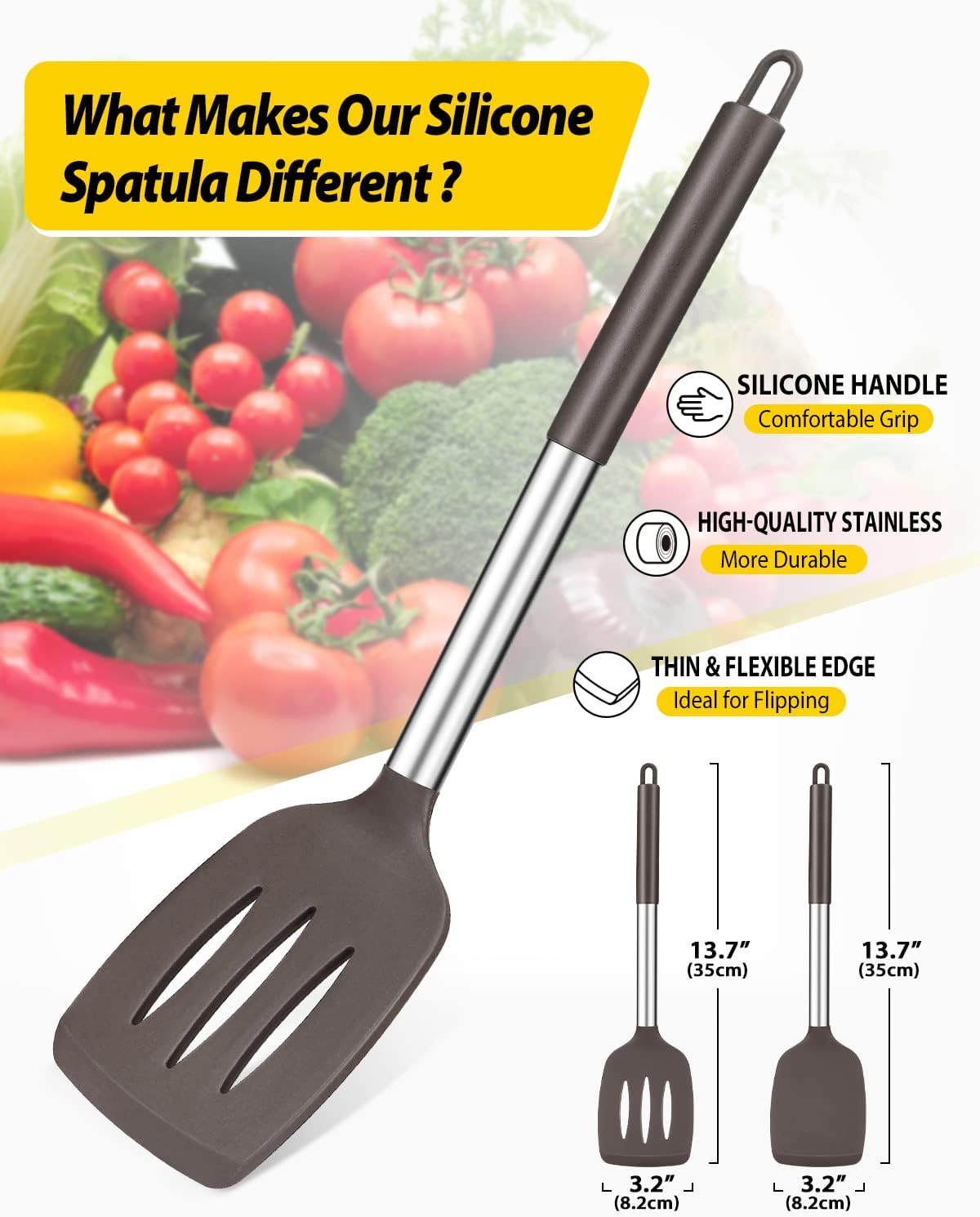 Pack of 2 Silicone Solid Turner, Non Stick Slotted Kitchen Spatulas, High Heat Resistant BPA Free
