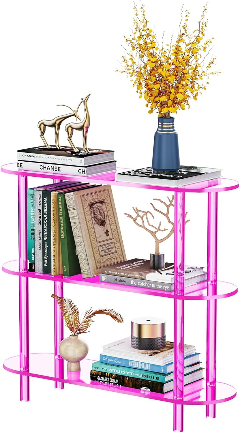 Clear Bookshelf, Acrylic Bookcase with Open Book Shelf Console Table for Entryway Office (3 Tier