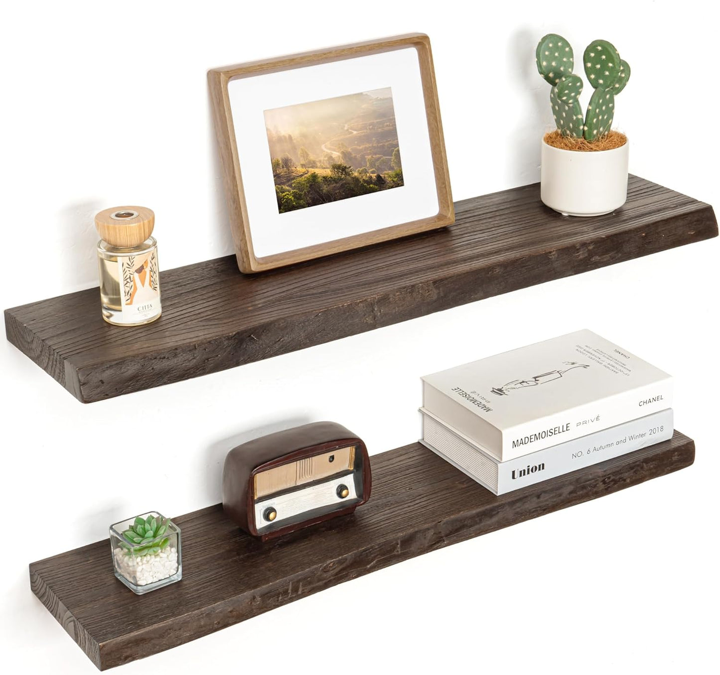 Floating Shelves for Wall Decor, Rustic Solid Elm Wood Live Edge Floating Shelves Wall Mounted