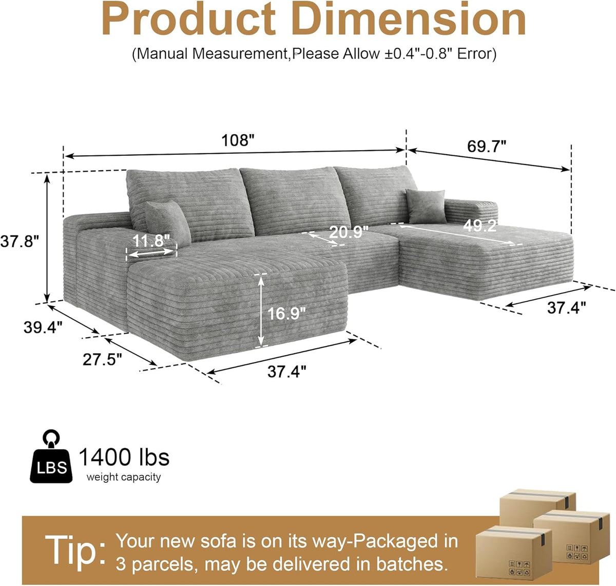 108" Sectional Couches for Living Room Modern Modular Sofa with L-Shape Couchs Upholstered Boneless