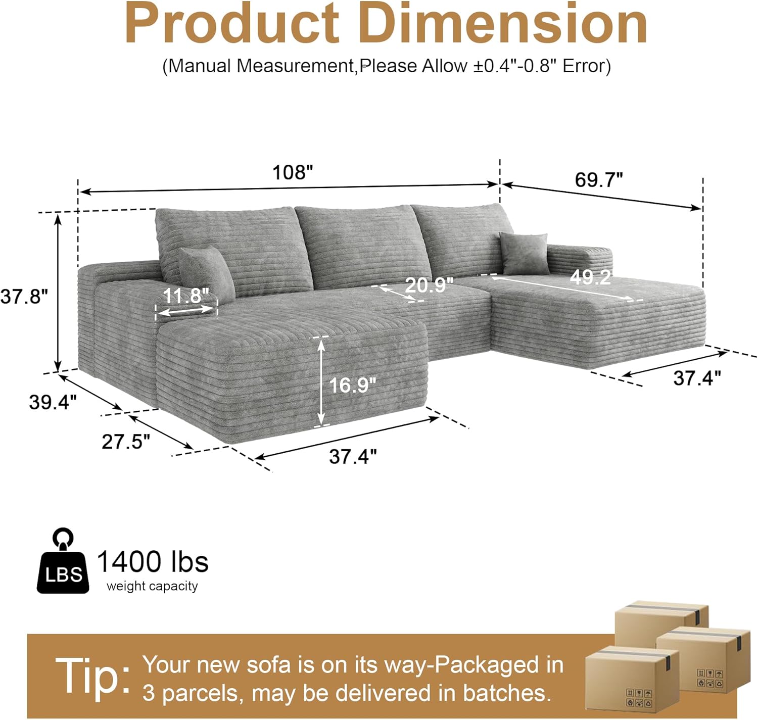 108" Sectional Couches for Living Room Modern Modular Sofa with L-Shape Couchs Upholstered Boneless