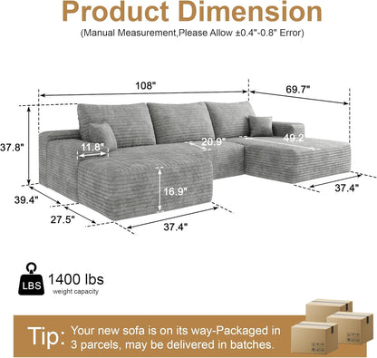 108" Sectional Couches for Living Room Modern Modular Sofa with L-Shape Couchs Upholstered Boneless