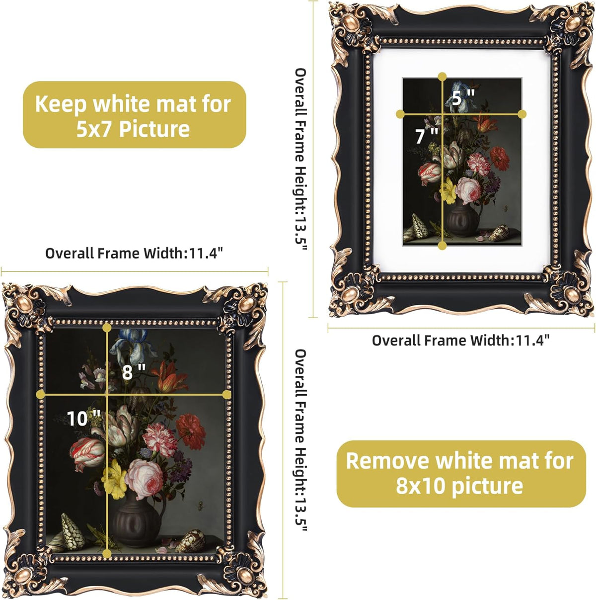 8x10 Vintage Picture Frame with Embossed Flower Design, Black Ornate Frame for 8x10 or 5x7 Pictures
