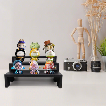 Display Wood Risers Wooden Stand 3 Tier Black Wood Racks Decorative Rectangular, 2 Set 6 Piece
