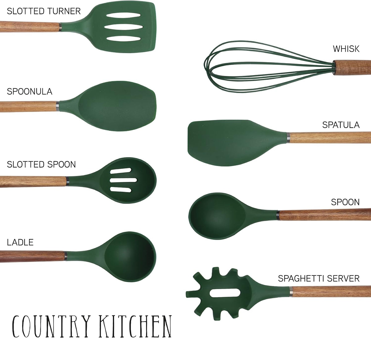 Country Kitchen Non Stick Silicone Utensil Set with Rounded Wood Handles for Cooking and Baking, 8