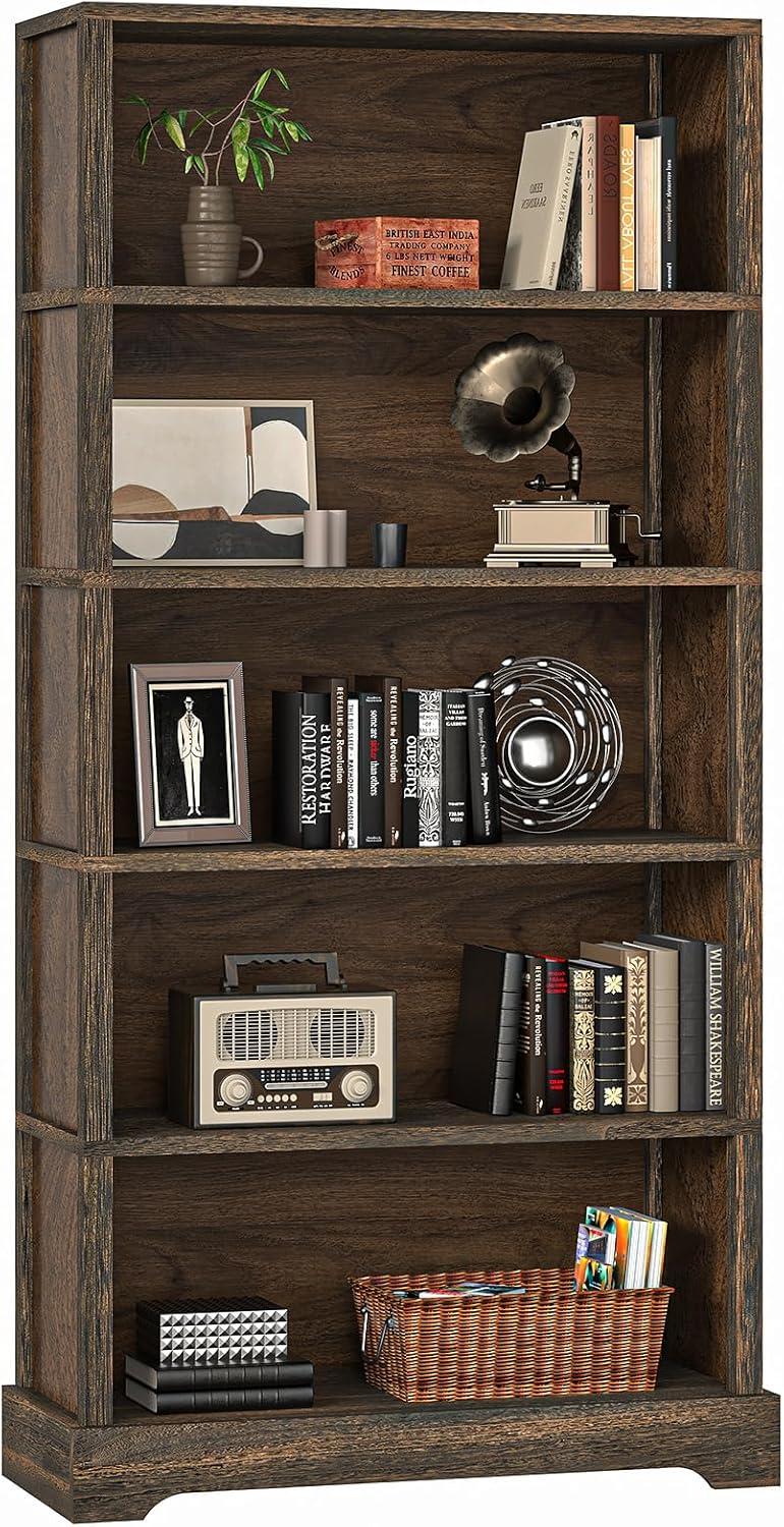 TVU 5-Shelf Wood Bookcase, 65 Inch Tall Bookshelf with Storage, Floor Standing Display Book Shelf