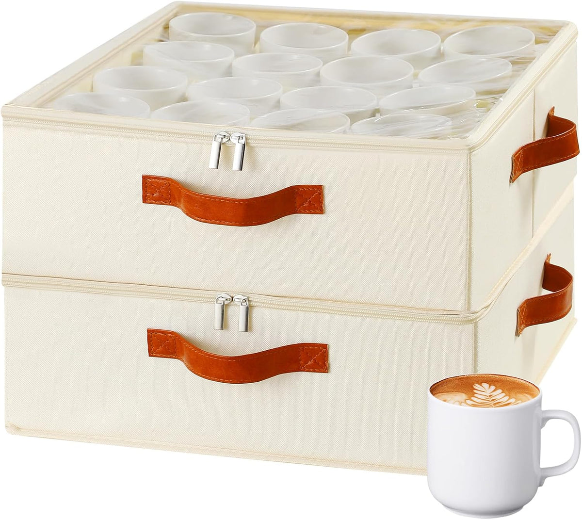 2 Pack Cup and Mug Storage Box with Dividers and Hard Shell, Stackable Coffee Cup Storage Organizer