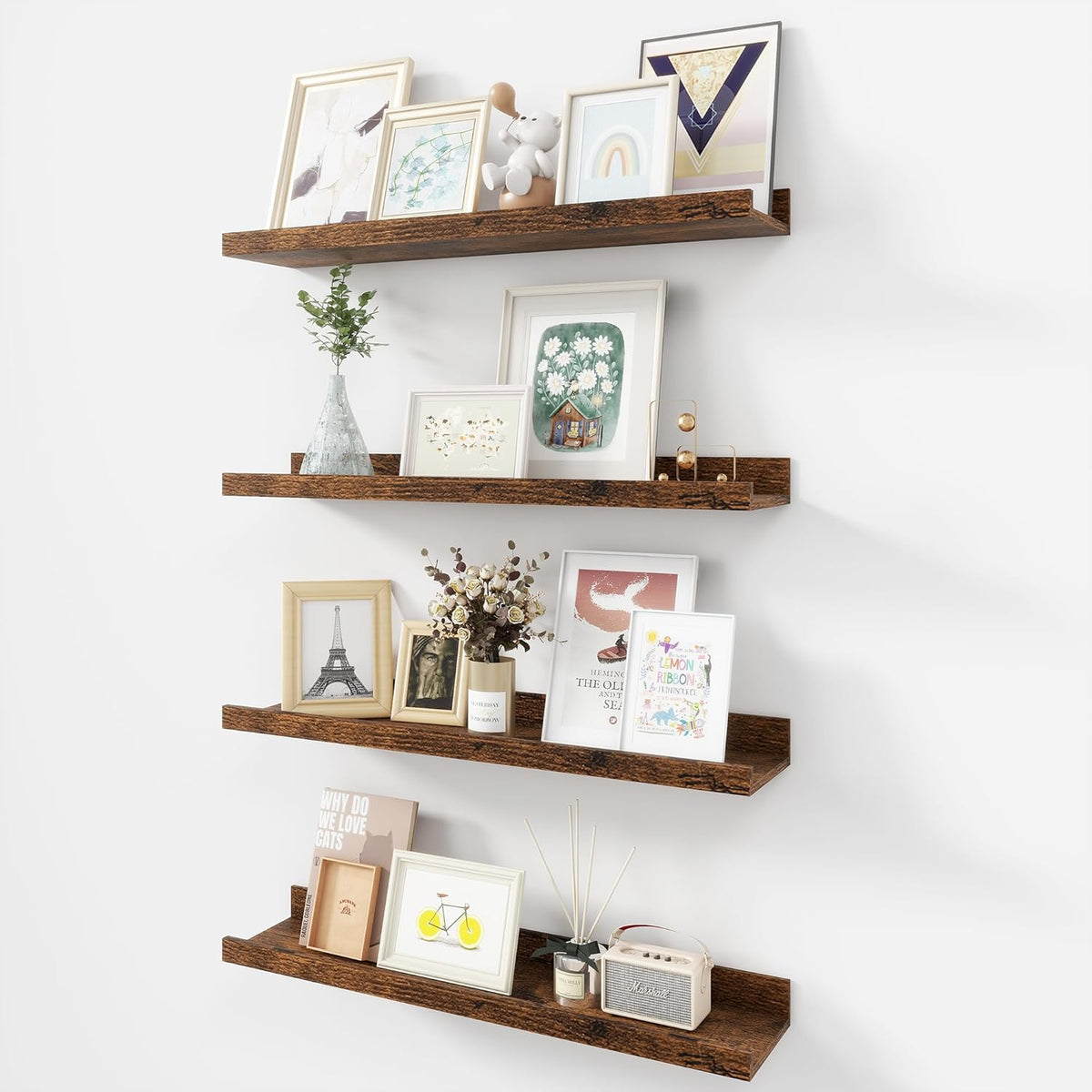 Picture Ledge Shelf, Wood Floating Shelves Set of 4, 24 inch Picture Ledge Shelves, Photo Ledge