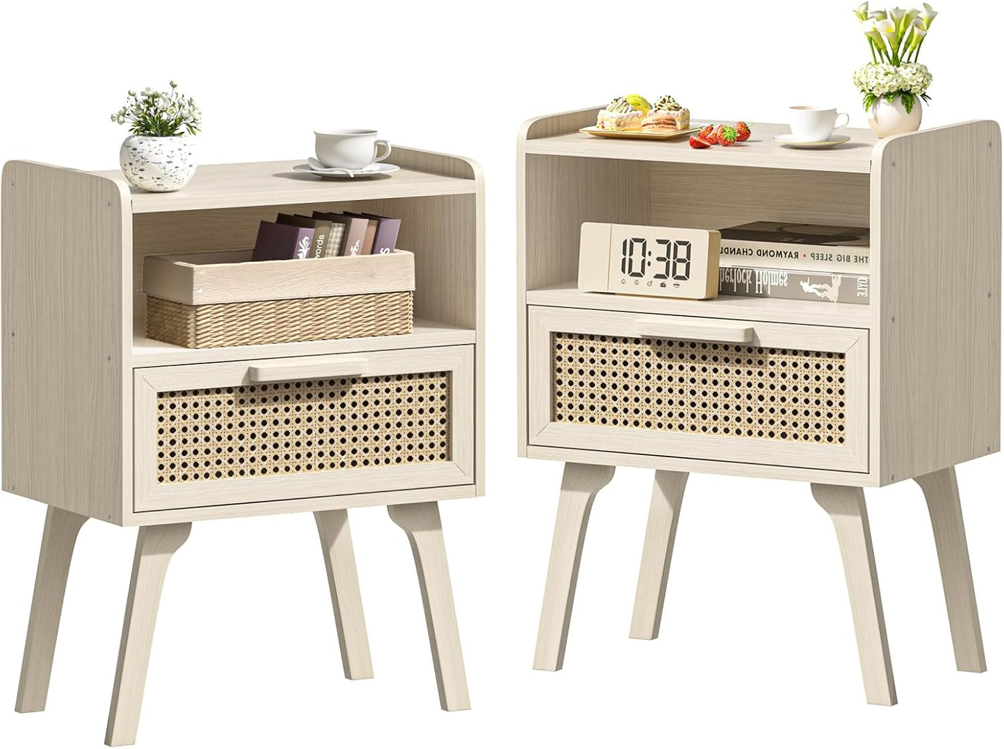 Lerliuo Rattan Nightstands Set of 2, Side Table with Drawer Open Shelf, Cane Accent Bedside End