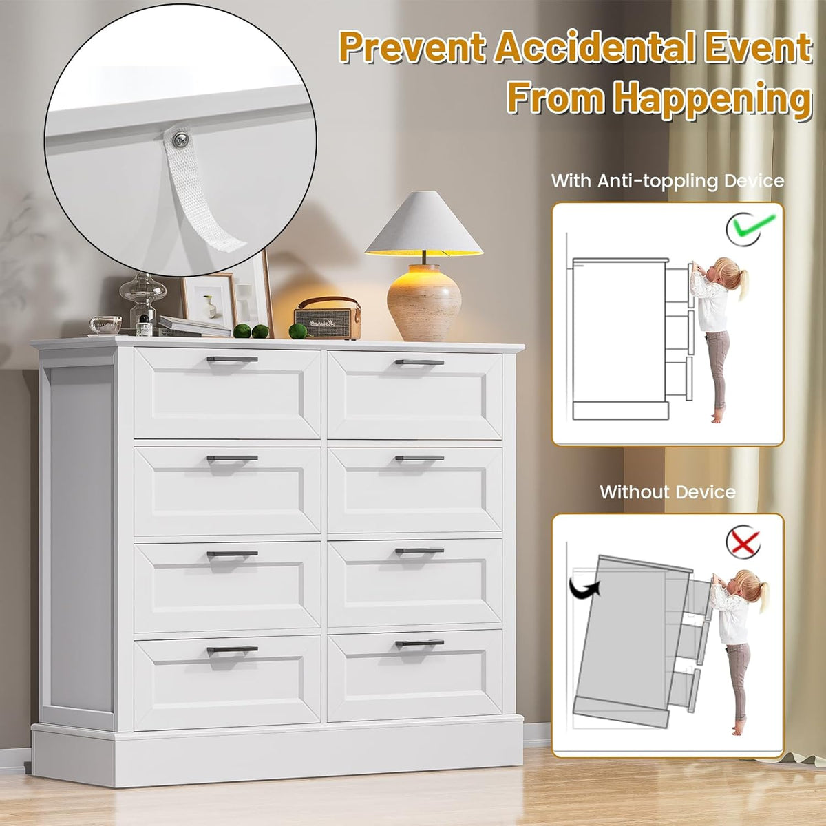 Odeekea White Dresser for Bedroom, Wood Dresser with 8 Drawers, Chest of Drawer for Bedroom Living