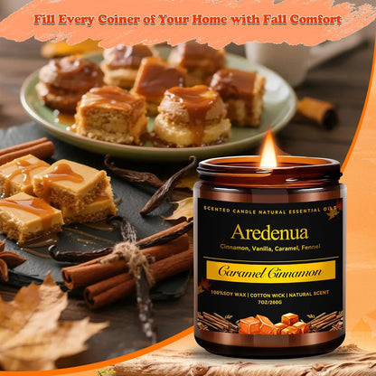 Caramel Cinnamon Candle - Fall Candle | Cinnamon Scented Candles for Autumn, 7oz Fall Soy Candles