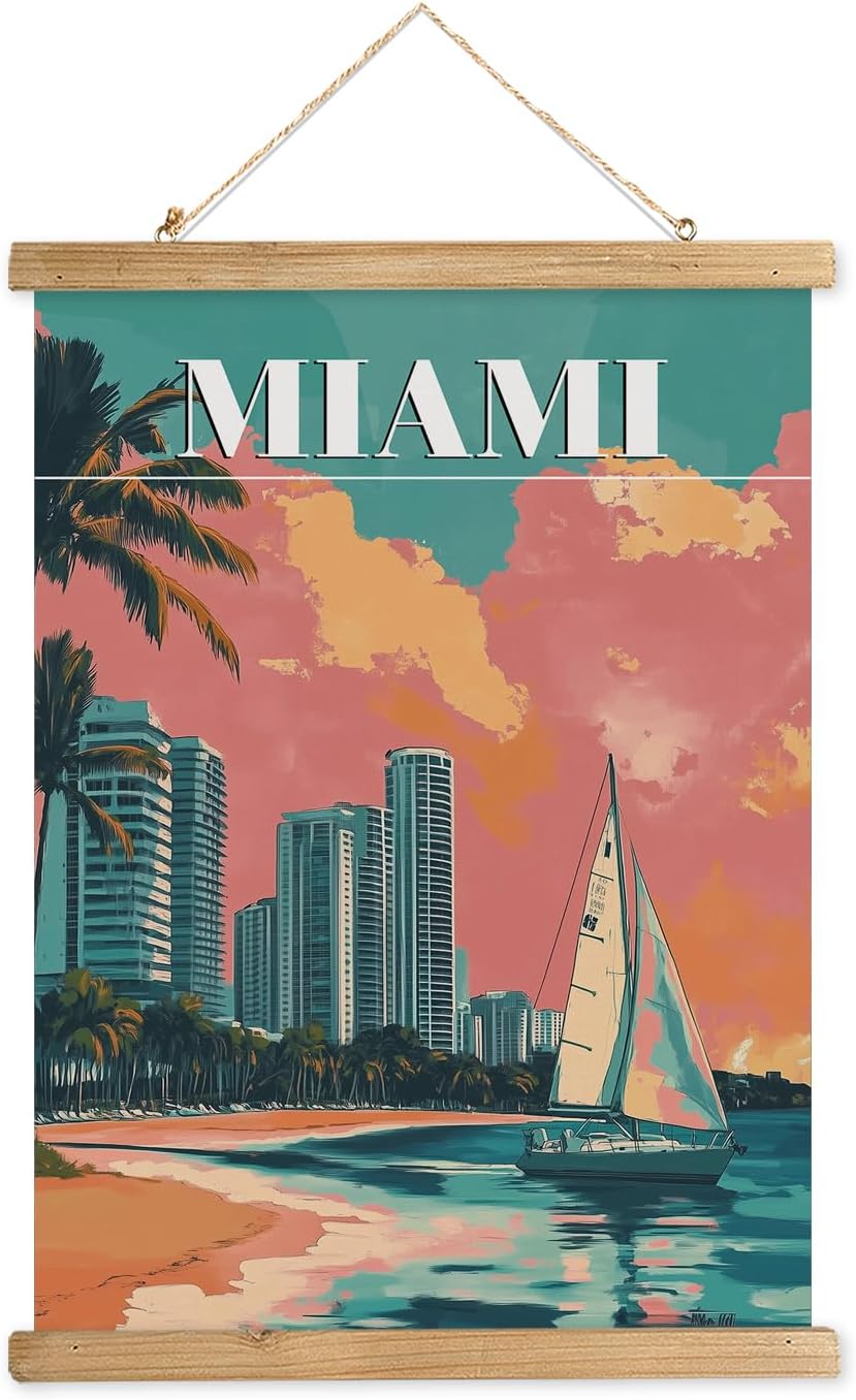 WREVERW Vintage Miami Poster Canvas Print with Wooden Hanger Frame, Featuring Palm Trees, High-Rise