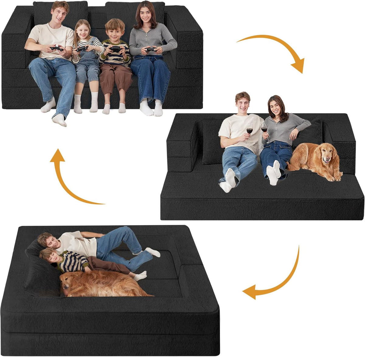 Folding Bean Bag Chair for Adults,3-in-1 Bean Bag Couch Faux Fur Floor Sofa Large Beanbag