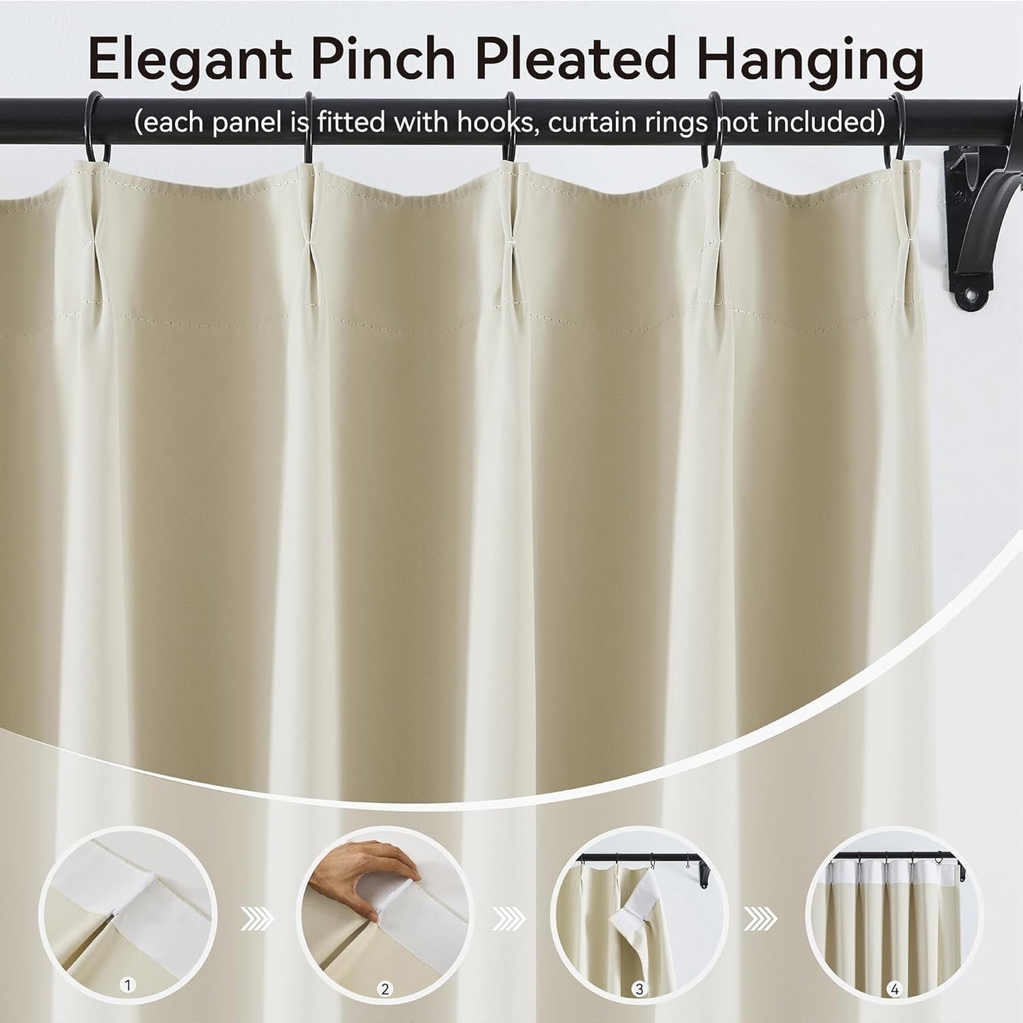 KangBang Cream Beige Pinch Pleat Room Darkening Curtains 96 Inches Long with Hooks, Energy Saving