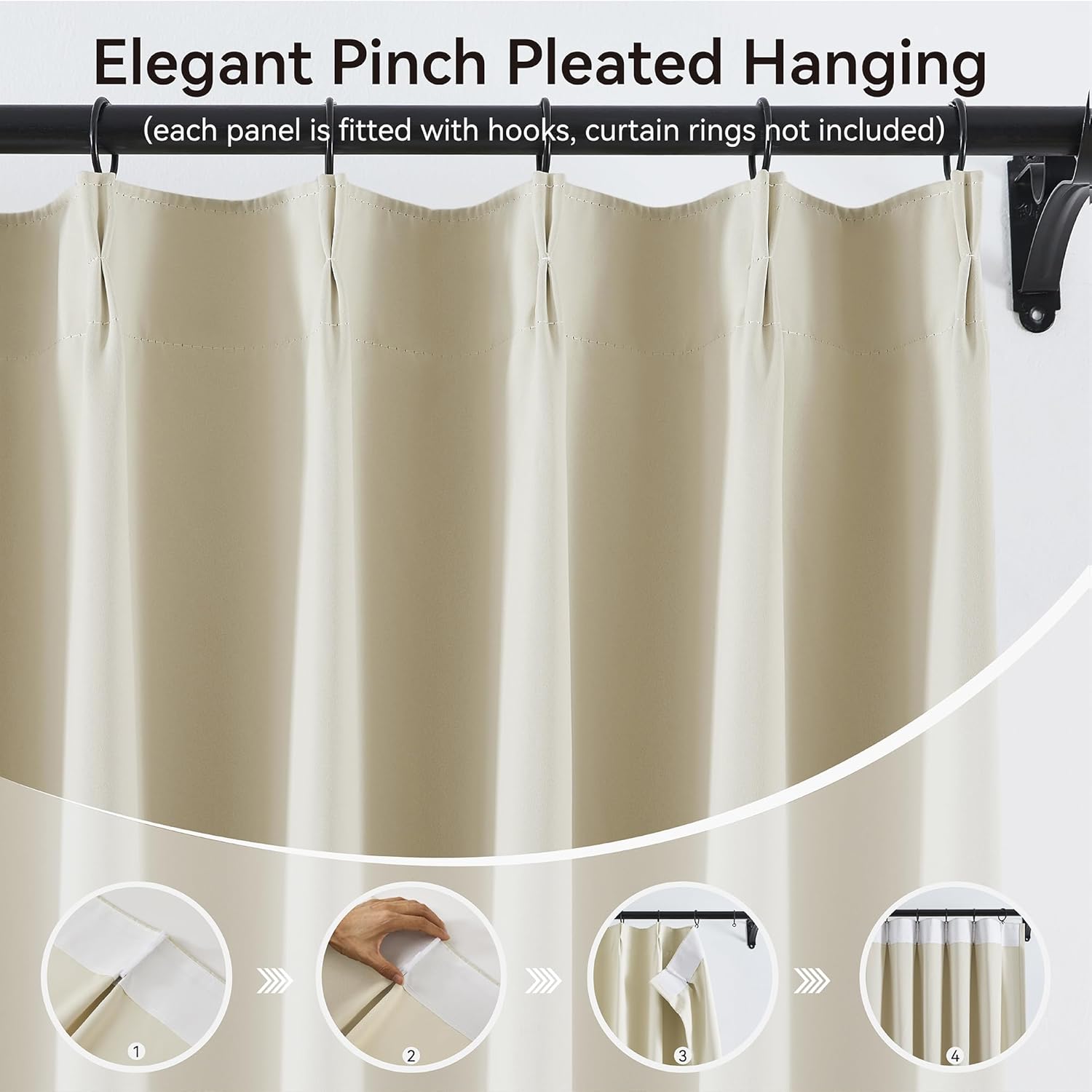 KangBang Cream Beige Pinch Pleat Room Darkening Curtains 96 Inches Long with Hooks, Energy Saving
