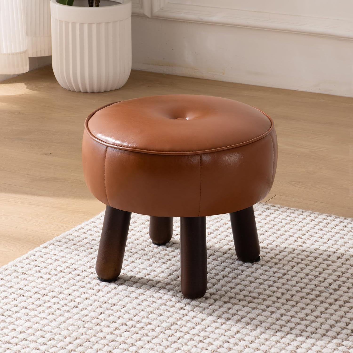 Small Foot Stool, Round Faux Leather Pouf Ottoman Foot Rest, Footstool Ottomans with Rubber Legs