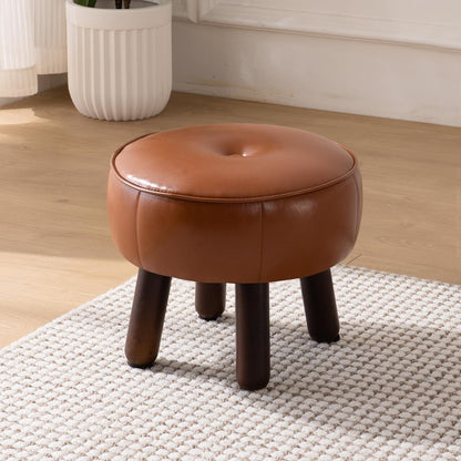 Small Foot Stool, Round Faux Leather Pouf Ottoman Foot Rest, Footstool Ottomans with Rubber Legs