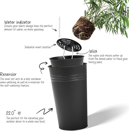 KOL 22''H 2-Pack Planter with Water Level Indicator - Galvanized Steel Pot - Self Watering Planters