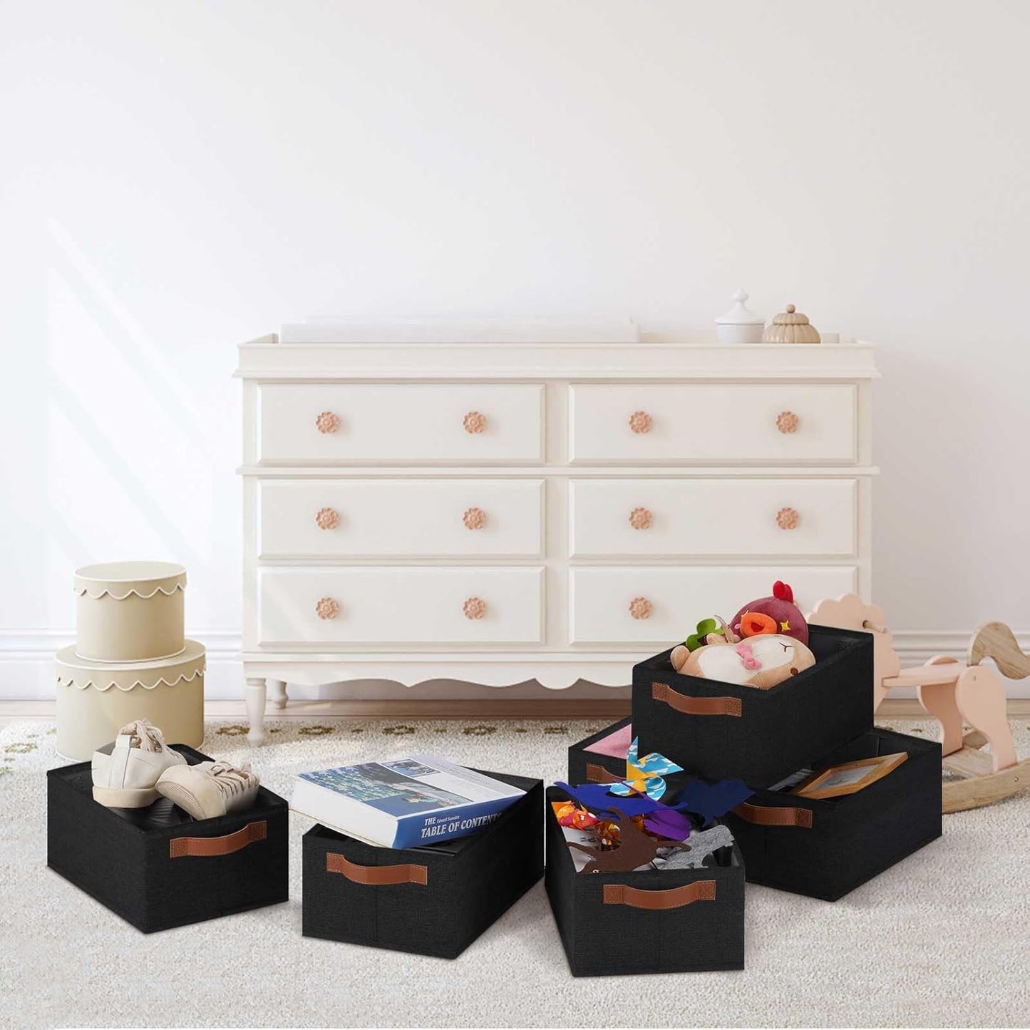 GhvyenntteS Small Fabric Storage Bins 6 Pack, 11.8" x 7.87" x 5.11" Storage Basket with Leather