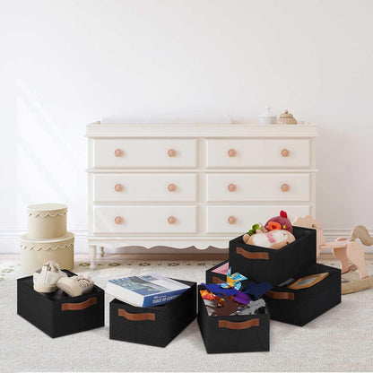 GhvyenntteS Small Fabric Storage Bins 6 Pack, 11.8" x 7.87" x 5.11" Storage Basket with Leather