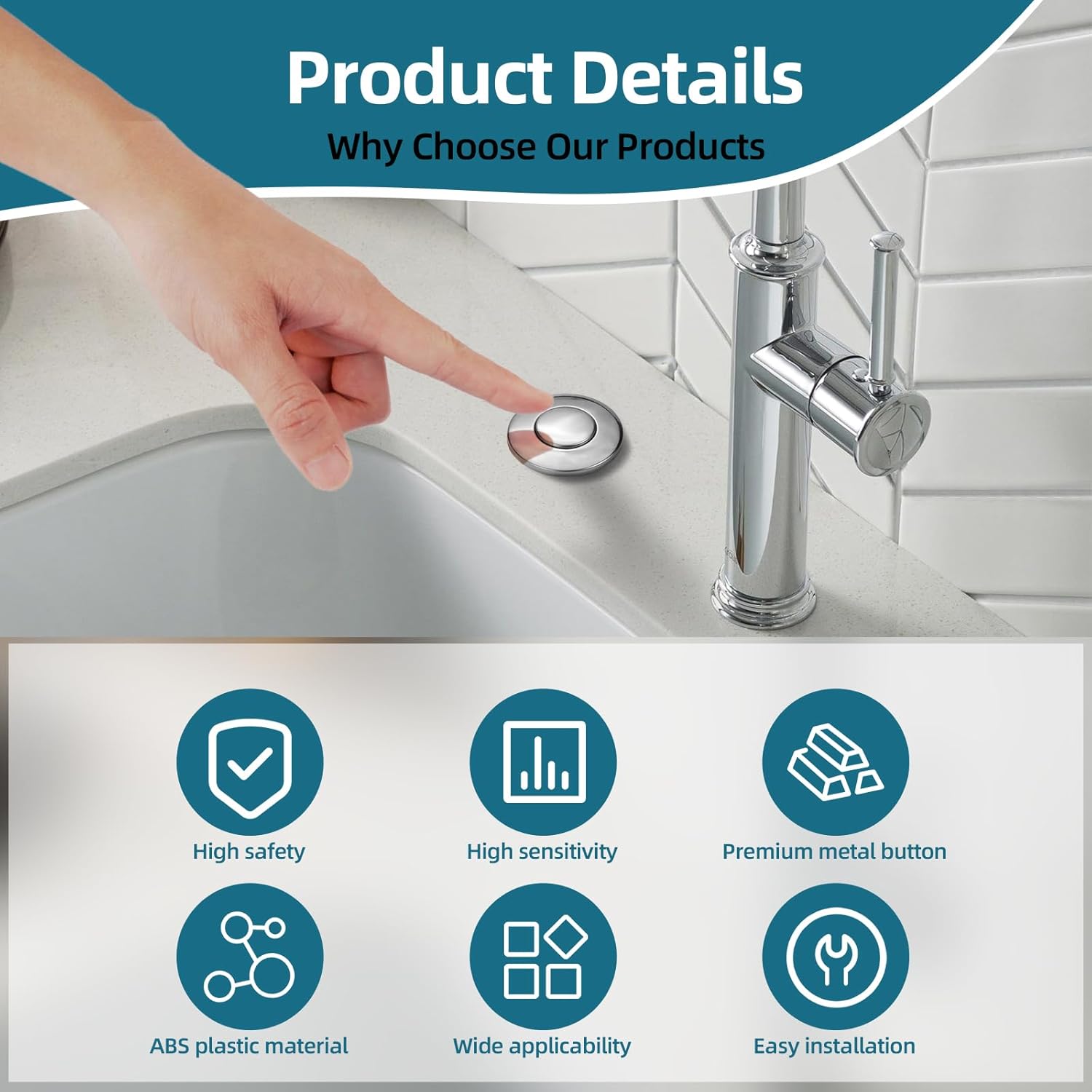 RQYEKDO Garbage Disposal Air Switch Kitchen Sink Top Long Stainless Steel Brushed Nickel Long