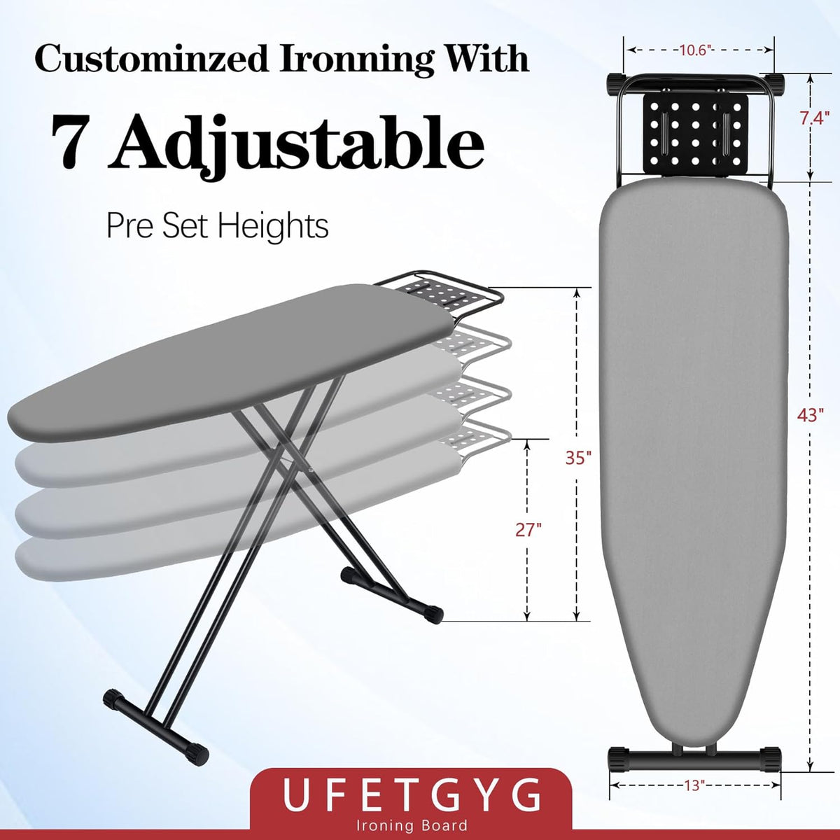Ironing Board,13" X 43" W/with Iron Rest | Full Metal Construction| Height Adjustable | Heat &