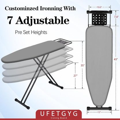 Ironing Board,13" X 43" W/with Iron Rest | Full Metal Construction| Height Adjustable | Heat &