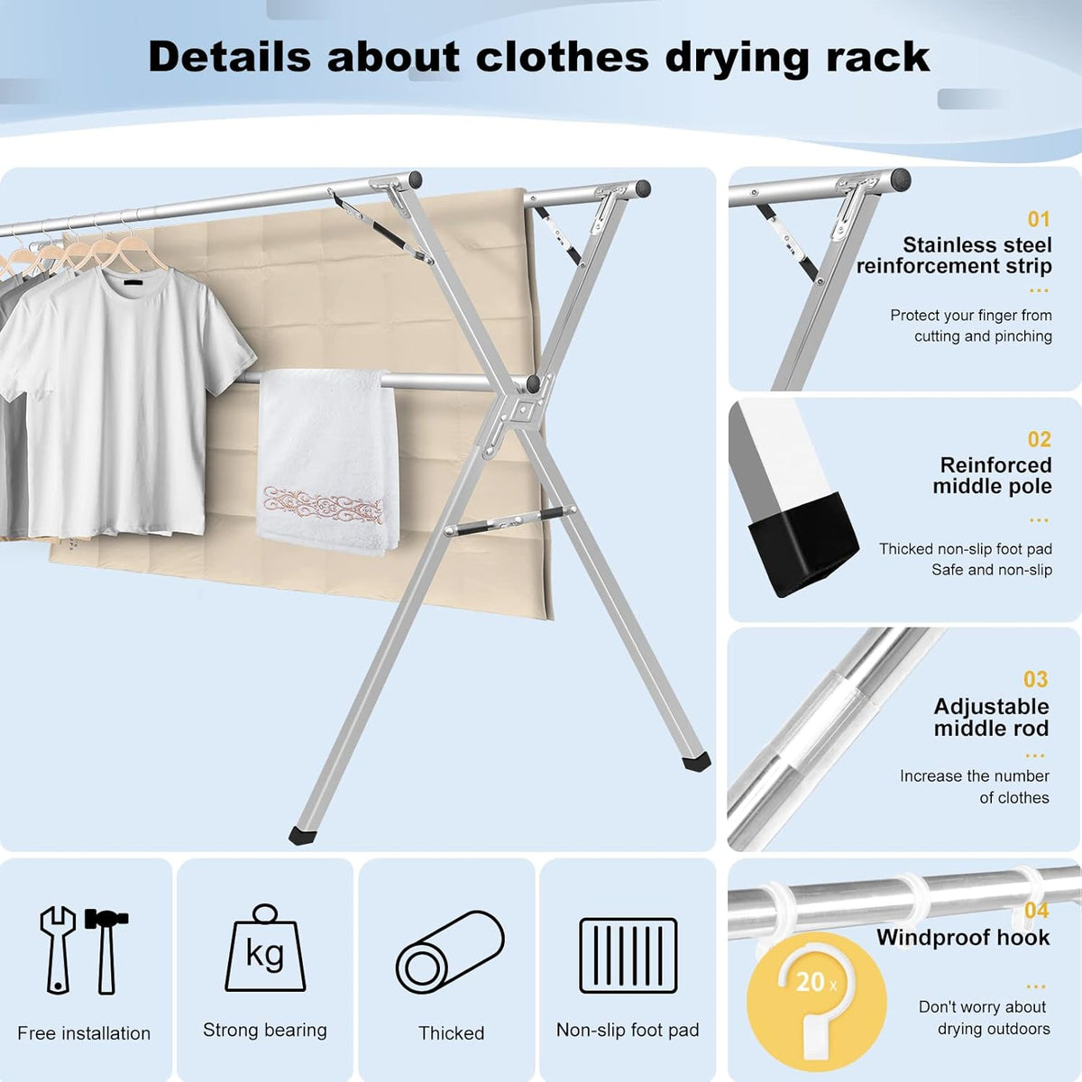 Sarahipe Sillars Clothes Drying Rack, 94.5 inches Laundry Drying Rack Clothing Foldable &