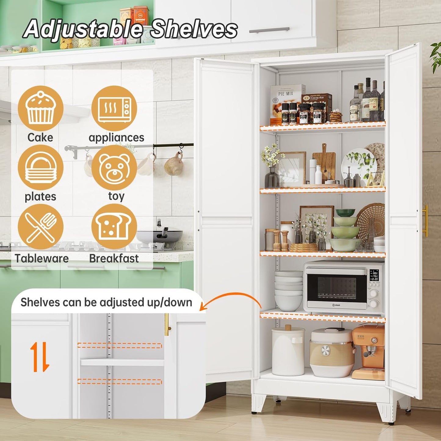Metal Pantry Cabinet with 2 Doors and Adjustable Shelves - 71" Kitchen Storage Cabinet with Gold