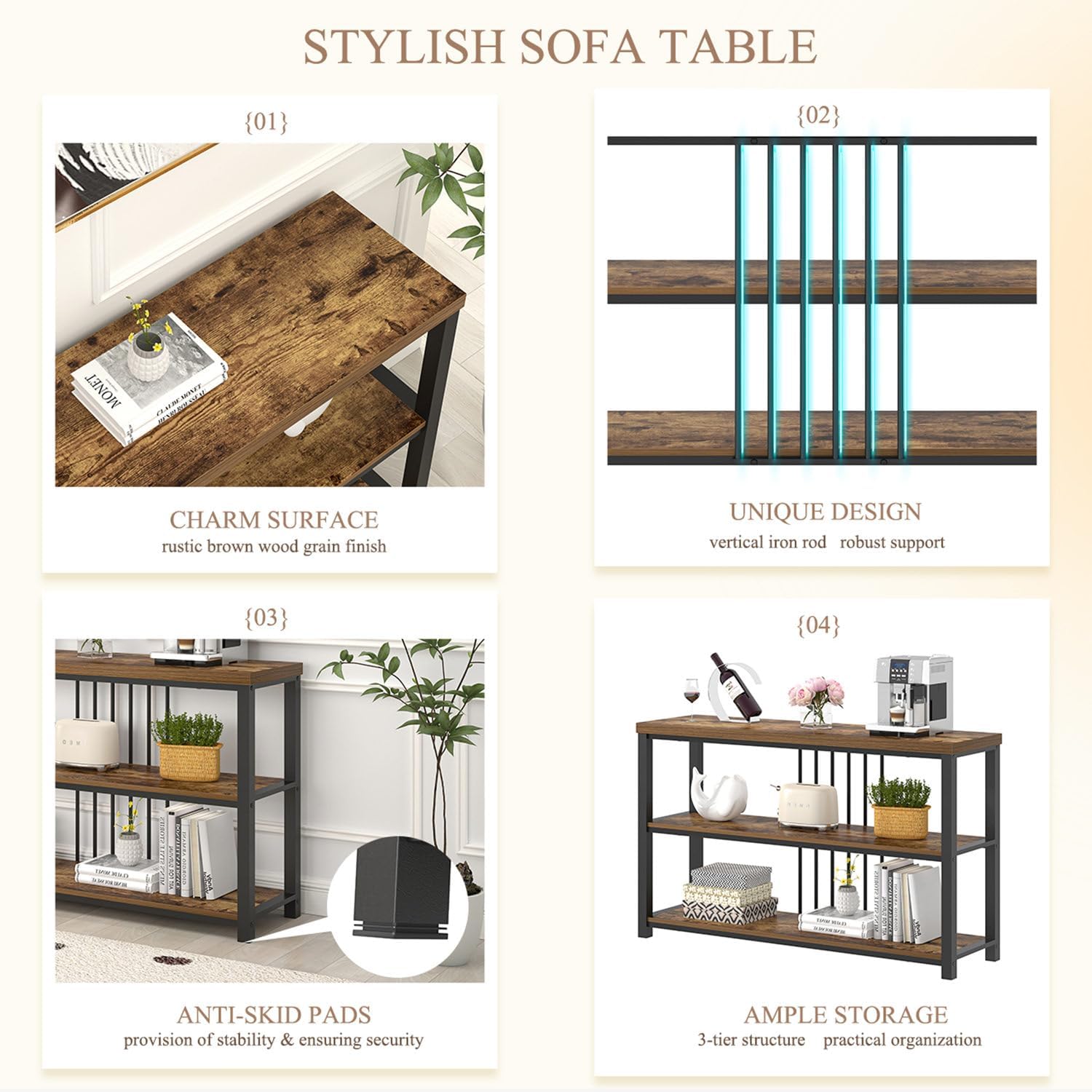 FOLUBAN Industrial Console Table, 3 Tier Entryway Table, Sofa Foyer Table for Living Room Hallway