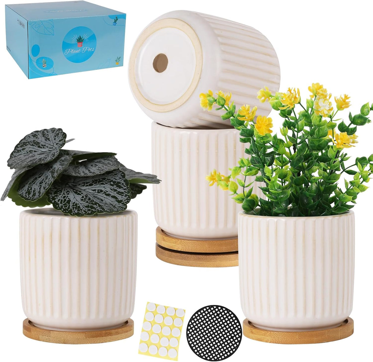 TAMAYKIM 4 Inch Ceramic Plant Pots with Drainage Holes, Modern Flower Planter with Saucer for