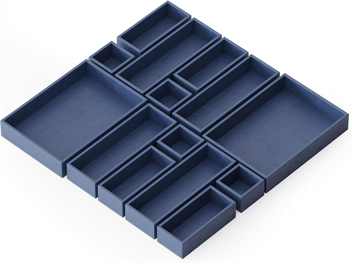 SpaceAid 14-Piece Bamboo Drawer Organizer Storage Boxes Set, Wood Tray Junk Drawer Organizers