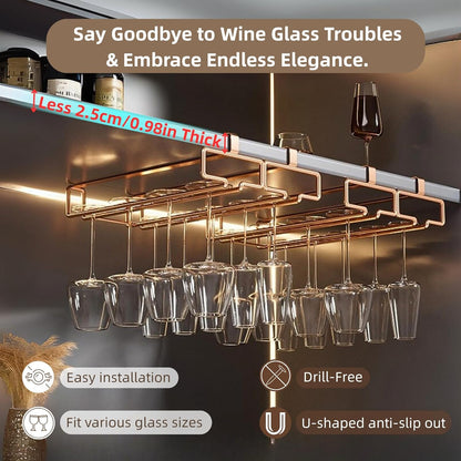 LINFIDITE 2 Pack Under Cabinet Wine Glass Rack Rose Gold Wine Glass Holder Stemware Rack Hanger