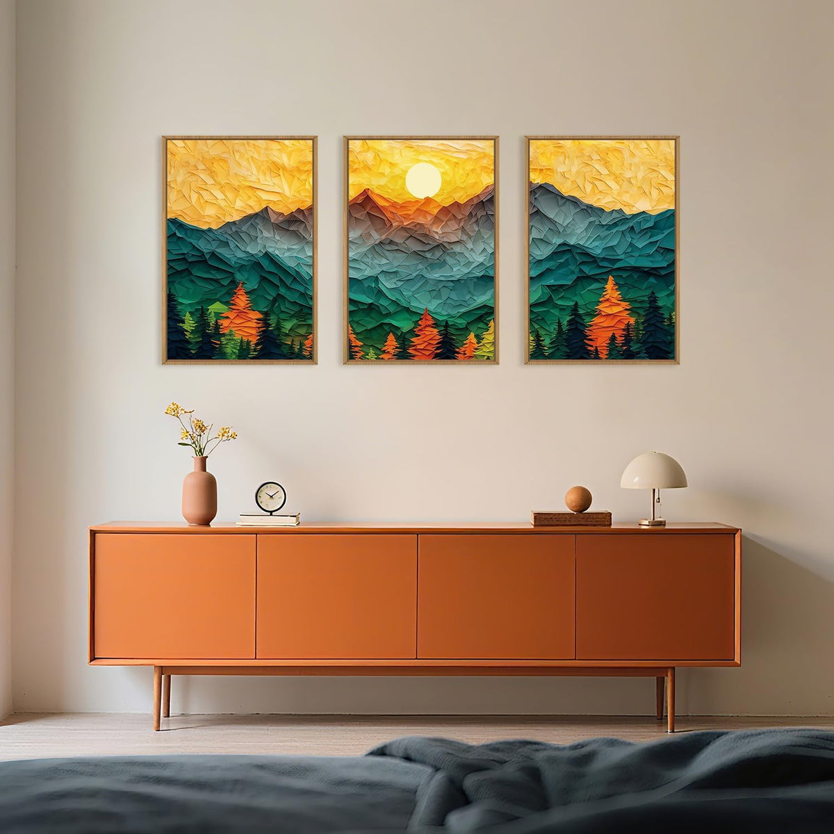 Abstract Mountain Framed Canvas Wall Art Set, Forest Pine Tree Golden Sunset Wall Decor, Mixed