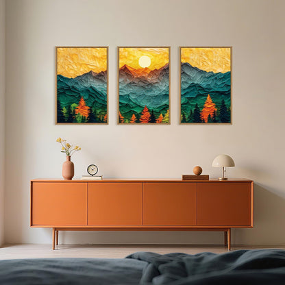 Abstract Mountain Framed Canvas Wall Art Set, Forest Pine Tree Golden Sunset Wall Decor, Mixed