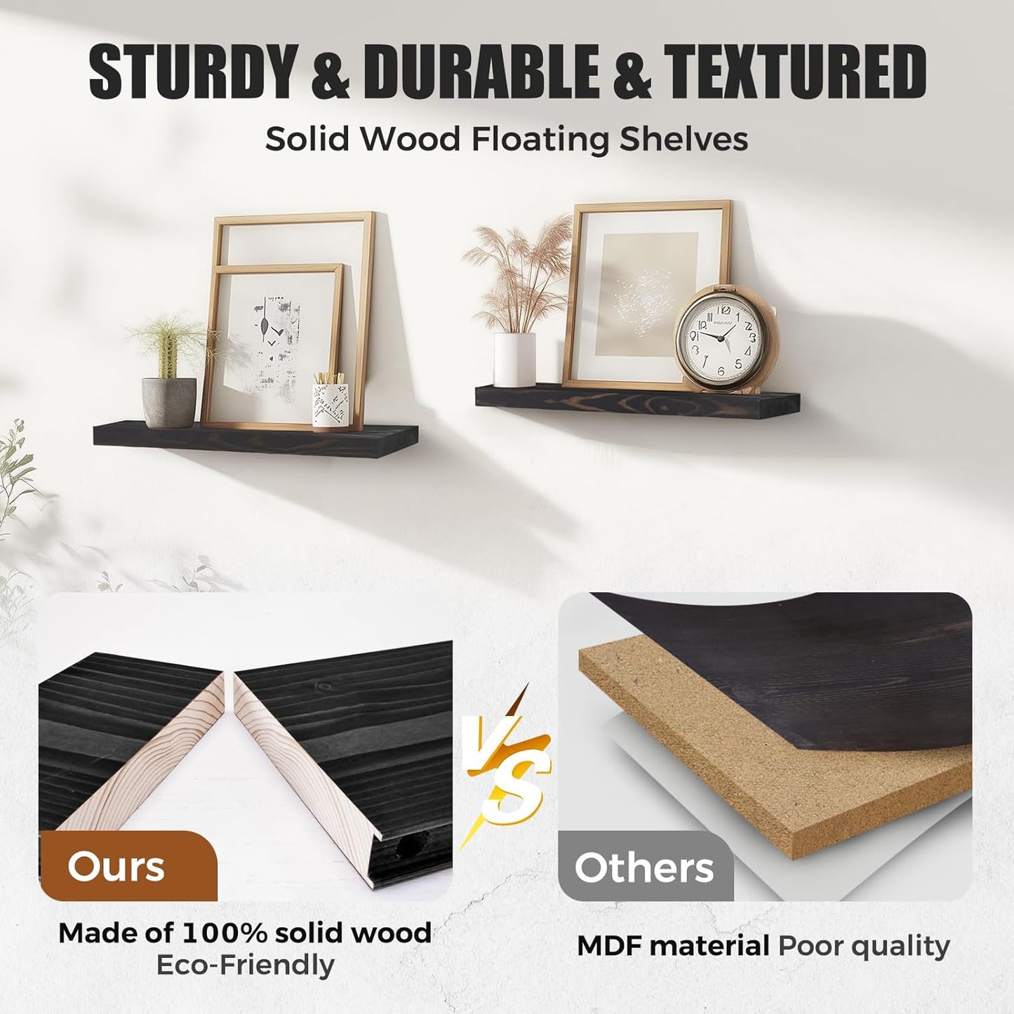 Floating Wall Shelves - 16"x6.8"x1.2" Sturdy Rustic Black Solid Wood Shelves for Storage and Décor