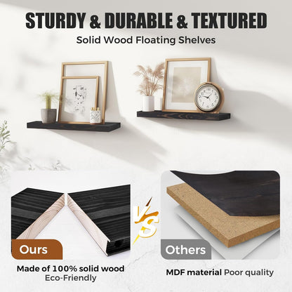 Floating Wall Shelves - 16"x6.8"x1.2" Sturdy Rustic Black Solid Wood Shelves for Storage and Décor