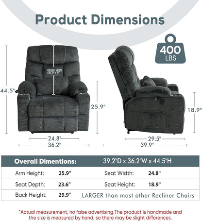Oversized Dual Motor Lay Flat Power Lift Recliner Chair with Massage, Heating, Lumbar Pillow, USB &