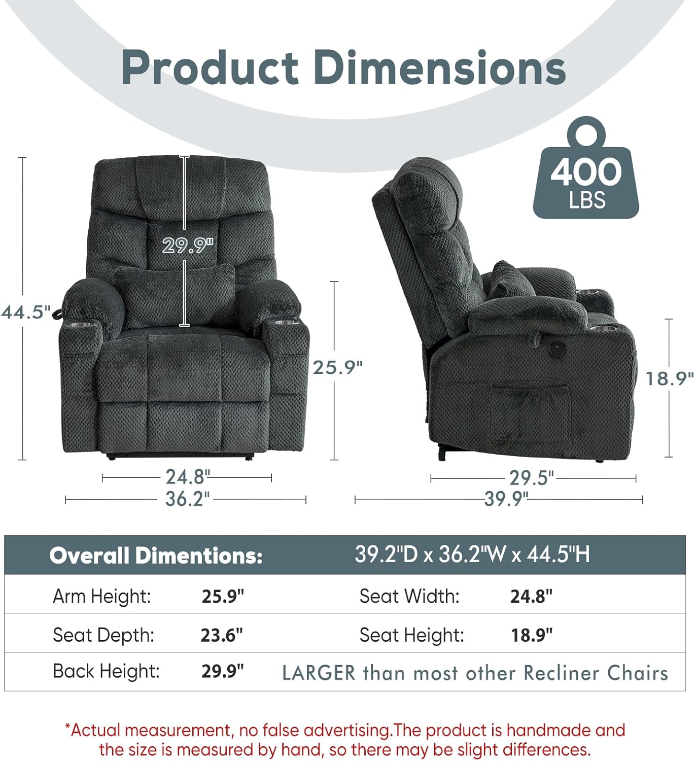 Oversized Dual Motor Lay Flat Power Lift Recliner Chair Set of 2 for Elderly with Massage and Heat