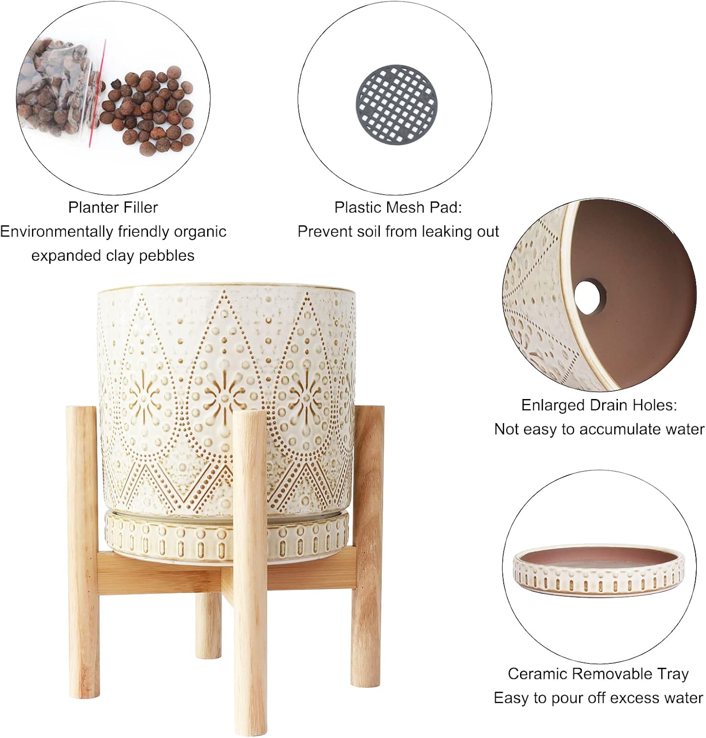 8 Inch Plant Pot with Stand, Ceramic Planter with Drainage Holes, Saucers and Mesh Pads for