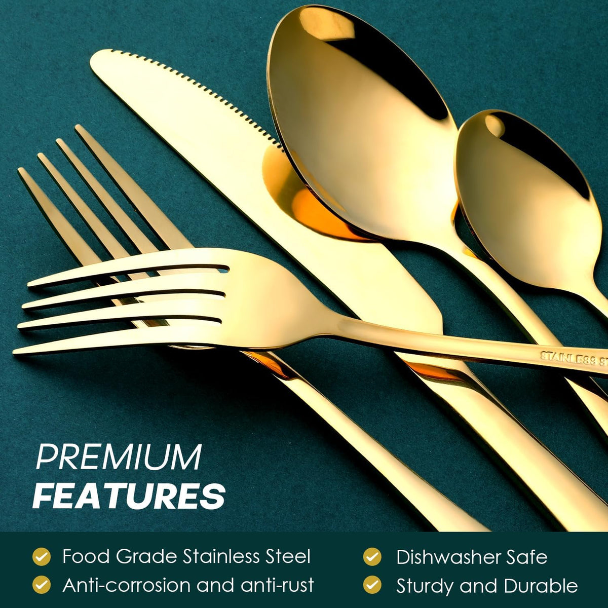Gold Silverware Set for 8, OGORI 45-Piece Stainless Steel Flatware Set with Serving Set, Mirror